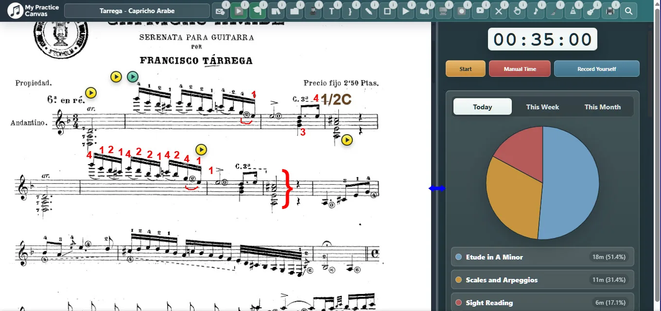 My Practice Canvas score workspace with annotations, lesson loops, and practice tracking